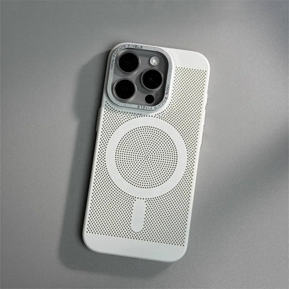 Honeycomb Grid Hole MagSafe Case for iPhone 16 15 Pro Max 14 Alloy Lens Summer Heat Dissipation Magnetic Back Cover PC Shell