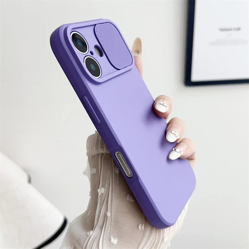 Slide Camera Lens Protection Soft Silicone Case For iPhone 16 15 14 Plus 13 12 11 Pro X XS XR Max 8 7 SE Shockproof Bumper Cover