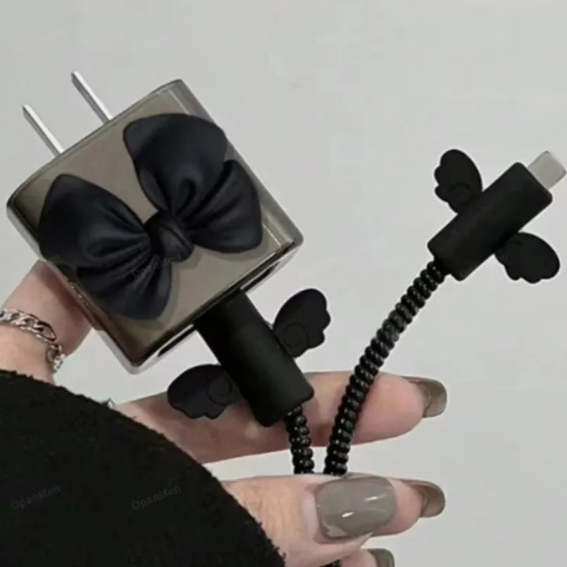 Black Love Bow 18W/20W USB Charger Protective Case Sets Cable Protector For Apple iPhone 16 15 Charging Cable Data Charger Rope