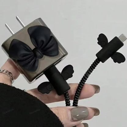 Black Love Bow 18W/20W USB Charger Protective Case Sets Cable Protector For Apple iPhone 16 15 Charging Cable Data Charger Rope