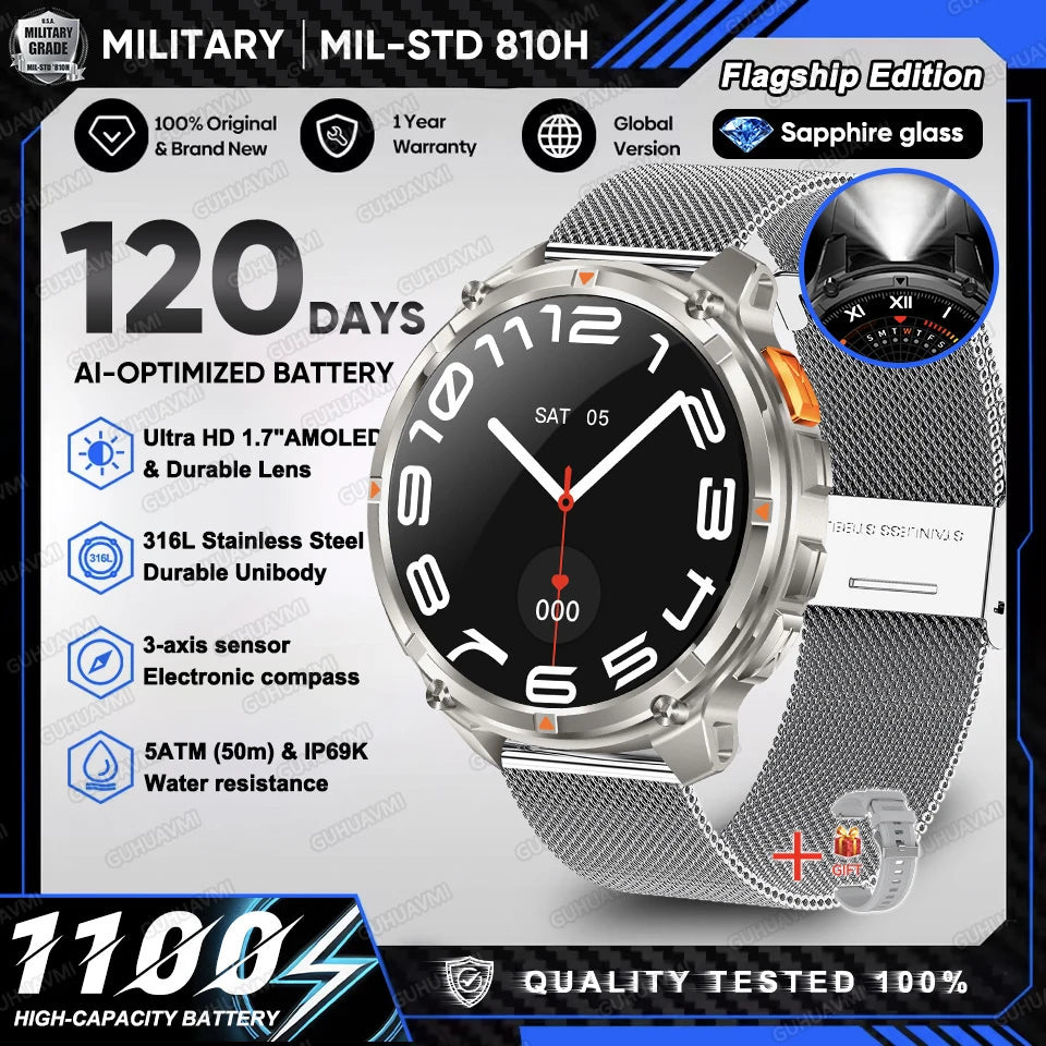 2026 New T-Rex 3 Ultra 1100mAh Military Smart Watch Men 5ATM Waterproof 1.7" AMOLED Screen Bluetooth Call Compass LED Flashlight
