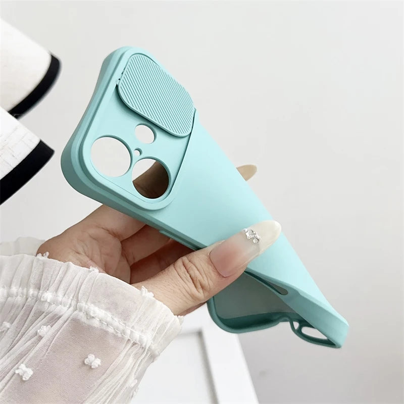 Slide Camera Lens Protection Soft Silicone Case For iPhone 16 15 14 Plus 13 12 11 Pro X XS XR Max 8 7 SE Shockproof Bumper Cover