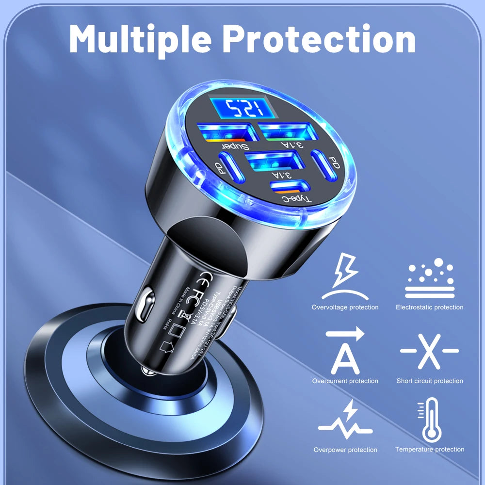 150W 6/8 Ports Car Charger Fast Charging PD QC3.0 USB C Car Phone Charger Type C Adapter in Car For iPhone Samsung Huawei Xiaomi