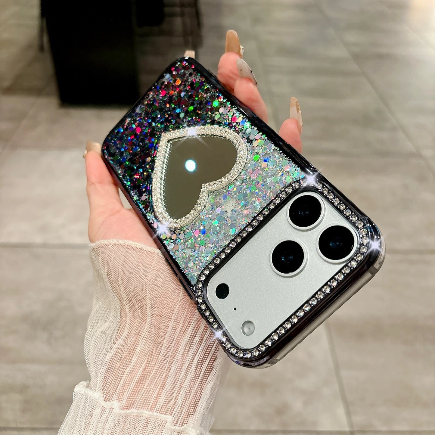 Luxury Diamond Love Heart Mirror Phone Case for iPhone 17 Air 16 15 14 13 Pro Max 17Pro Girls Gradient Shiny Plating Soft Cover