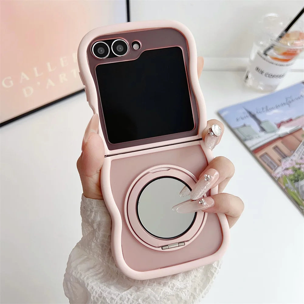 Matte Wave Magnetic Stand Phone Case For Samsung Z Flip 7 6 5 4 3 flip6 zflip6 flip5 Luxury Rotation Fold Bracket Frosted Cover