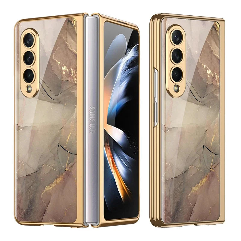 Luxury Plating Frame Case For Samsung Galaxy Z Fold 4 5G Painted Pattern Tempered Glass Hard Cover For Galaxy Z Fold5 4 3 Case