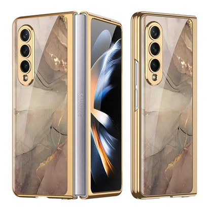 Luxury Plating Frame Case For Samsung Galaxy Z Fold 4 5G Painted Pattern Tempered Glass Hard Cover For Galaxy Z Fold5 4 3 Case
