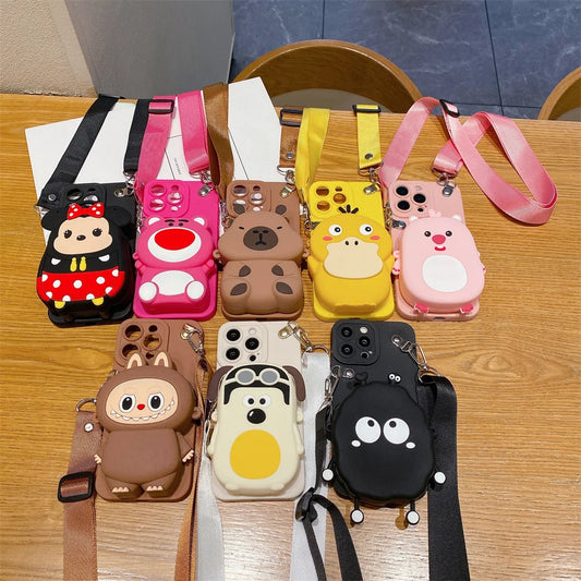 3D Cartoon Capybara Crossbody Strap Coin Wallet Lipstick Bag Phone Case For iPhone 16 15 14 Plus 13 12 11 Pro Max 16ProMax