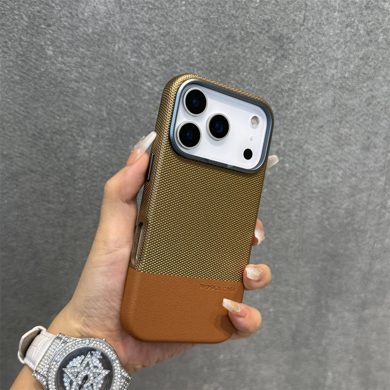 Alloy Lens Splice Leather Texture MagSafe Armor Case For iPhone 17 17Pro Max 16 Pro 15 14 13 Wireless Charging Magnetic PC Cover