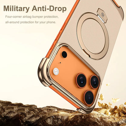 Luxury Leather Ultra Thin Frameless Magnetic Case For iPhone 17 16 15 14 13 Pro Max 17Air 17Pro Metal Bracket Anti-Drop Bumper