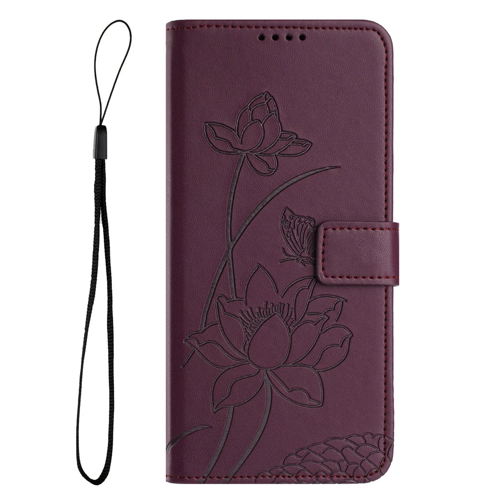 for Funda iPhone 17 16 15 14 13 12 11 Pro Max Lotus Leather Phone Case for Etui iPhone 17 Air 16E 15 Plus Cases Flip Cover Women