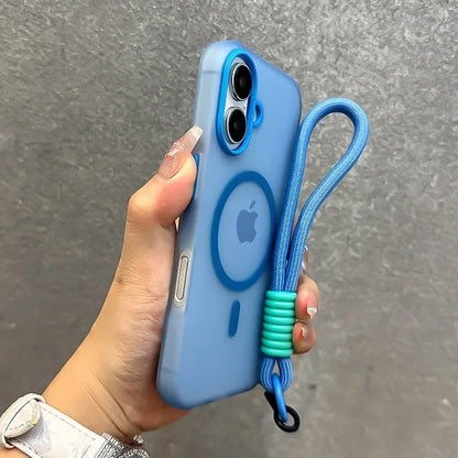 for Magsafe Candy Color Contrast Lanyard Case for iPhone 16 15 Pro Max 14 Plus 11 12 13 16e Hand Wrist Strap Matte Soft Cover