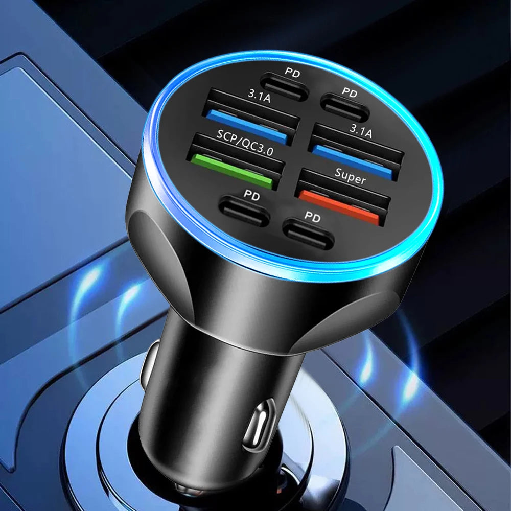 250W 8/6 Ports Car Charger Fast Charging PD QC3.0 USB Type C Auto Phone Charger Adapter in Car For iPhone Samsung Huawei Xiaomi