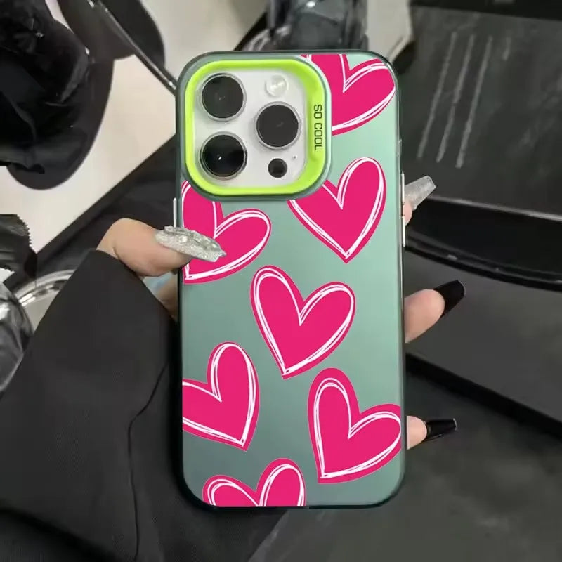 Luxury Love Heart Electroplate Silver IMD Case For iPhone 15 14 16 Pro Max Plus 11 12 13 Pro 7 8 Plus X XR Shockproof Back Cover