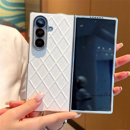 Luxury Lattice Leather Plating Phone Case For Samsung Z Fold 7 6 5 4 3 2 5G Shockproof Bumper Protection Solid Color Back Cover