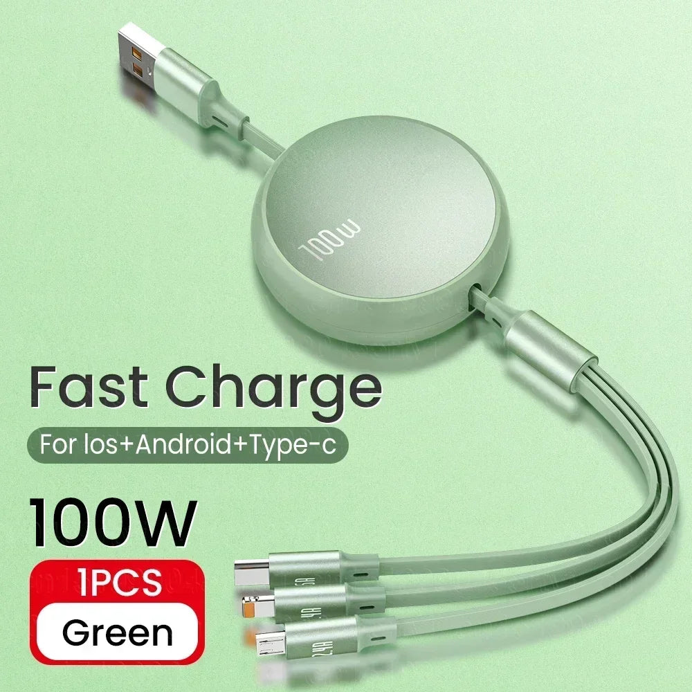6A 100w  Data Cable 3 in1 Fast USB Cable Retractable Portable Charging Line Micro USB Type C Charger Cable For Iphine/Samsung