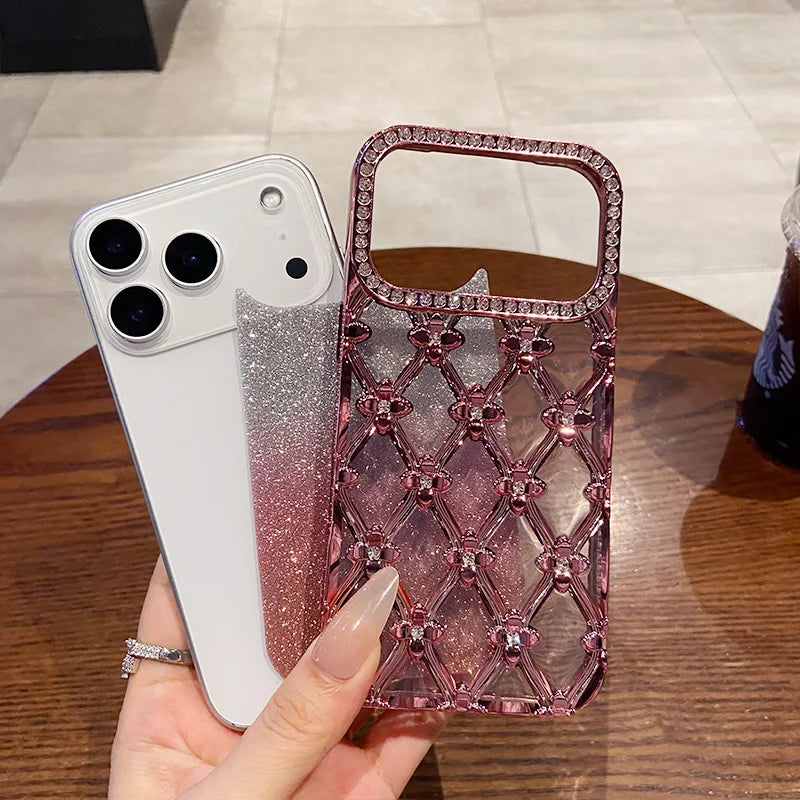 Luxury Glitter Diamond Gold Electroplated Case for IPhone 16 17 Air 12 13 14 15 Pro Max Camera Protection Cases Cover