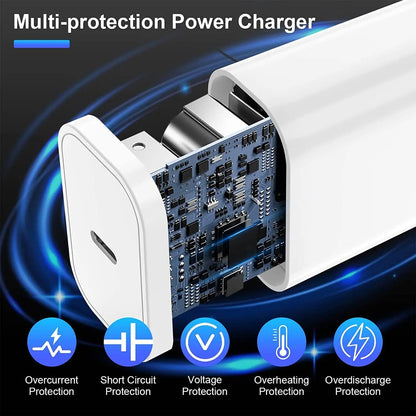 20W PD EU Fast Wall Charger for iPhone 11 12 13 Pro XS Max 14 Plus X XR Rapid Charge 1m 2m USB-C Charging Cable With Retail Box