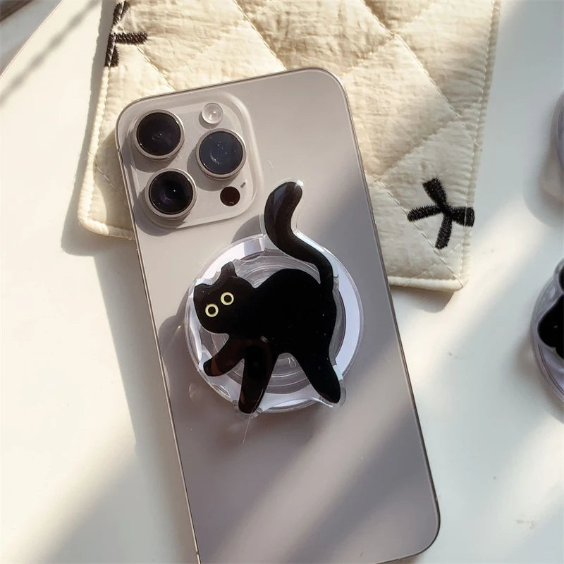 Korean Cute Cartoon Black Cat For Magsafe Magnetic Phone Griptok Phone Holder Stand Universal Phone Ring Grip Tok For iPhone 15