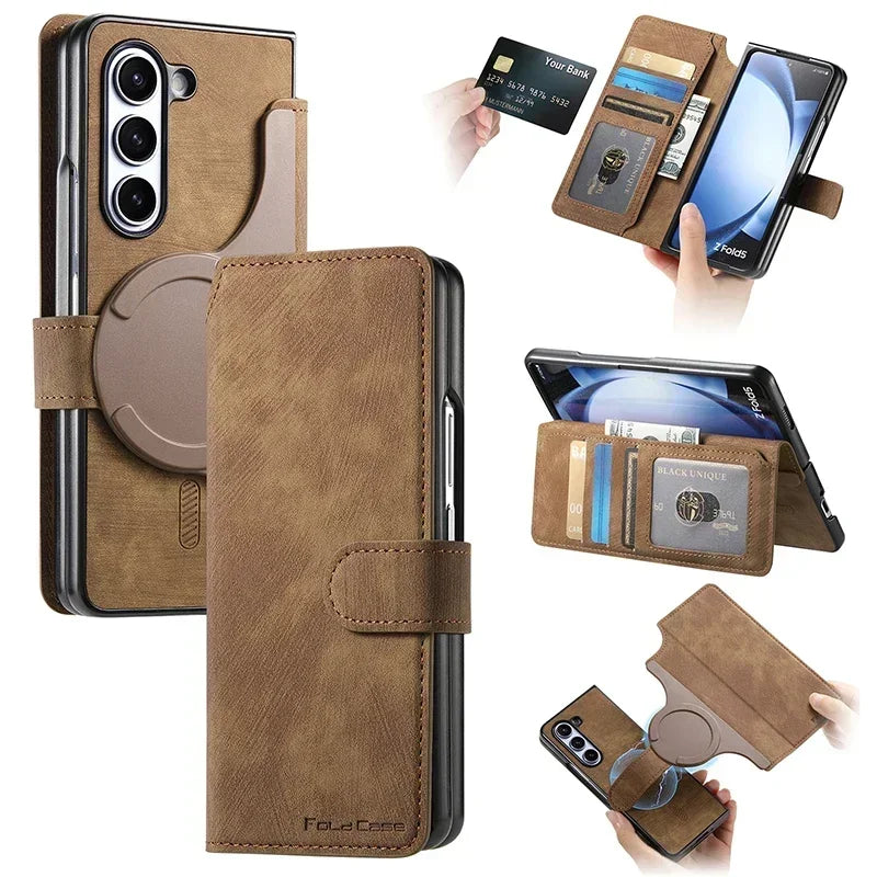 Strong Magnetic 2 In 1 PU Leather Case For Samsung Galaxy Z Fold 7 6 5 4 3 Magsafe Case Detachable Flip Card Holder Wallet RFID