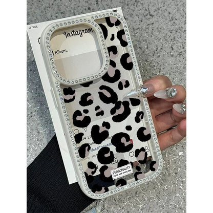Pink Black Leopard Print Diamond Inlaid Frame Plain Case for iPhone 16 15 14 Plus 13 12 11 Pro Max Acrylic Silicone Hard Cover