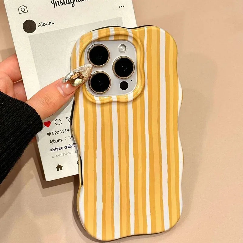 Luxury Color Contrast Stripes Wave Case for iPhone 16 15 14 Pro Max 12 13 Colorful Curly Border Glossy Hard Ultra Slim Cover