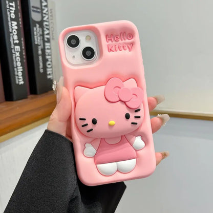 For iPhone 15 Pro Max 16 11 12 Pro 13 14 Pro Max 13Pro 3D Stitch Kitty Face Grip Tok Holder Cartoon Silicon Soft Phone Case