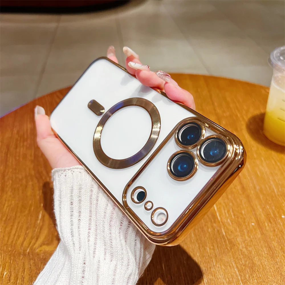 Luxury Plating Clear Case For iPhone 17 Air 16 15 14 13 12 11 17 Pro Max Shockproof Transparent Magnetic For Magsafe Lens Cover