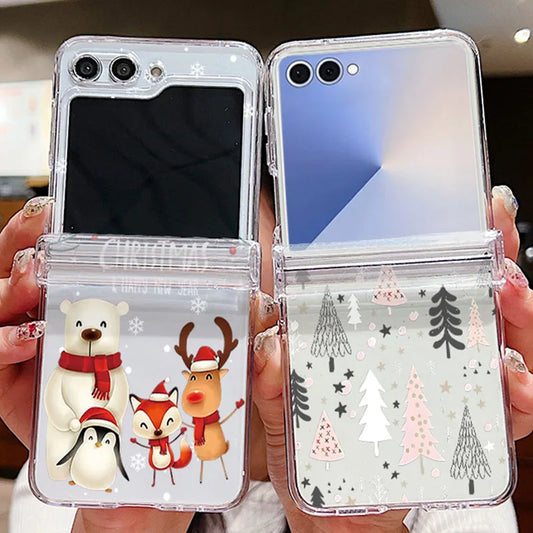 Christmas Tree Bear Clear Phone Case For Samsung Galaxy Z Flip 7 FE 6 5 4 3 5G Folding Hard PC Cover For Samsung Z Flip7 Flip6