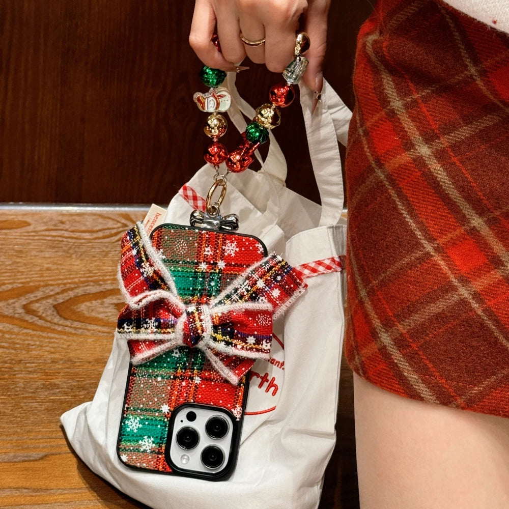 3D knitted Christmas  Bowknot Plaid Pattern Cartoon Cute With Bracelet Phone Case For iPhone 15 14 13 16 Pro Max Bumper Cover