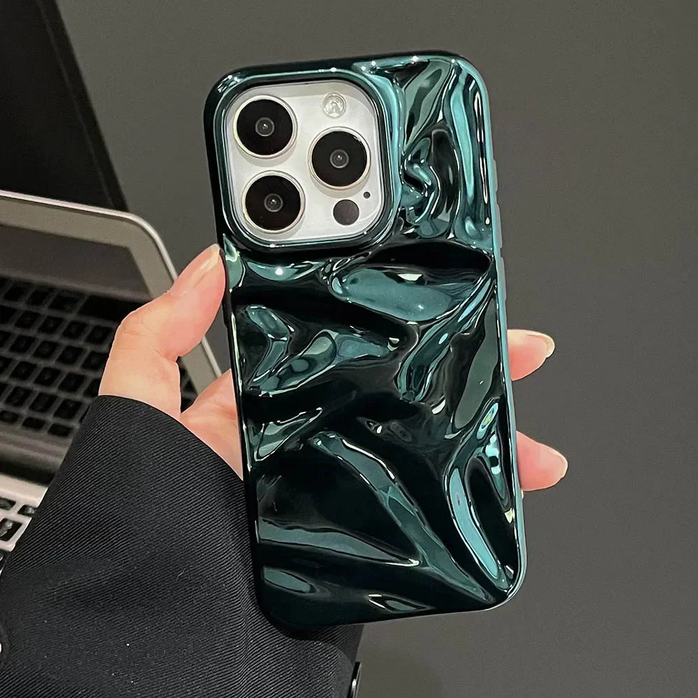 Luxury Electroplate Silvery 3D Wrinkle Phone Case For iphone 16 15 14 13 11 12 Pro Max Purple Water Ripple Shockproof Soft Cover