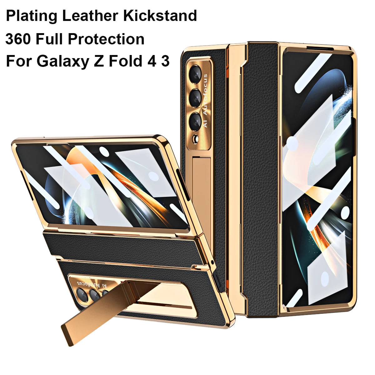 Plating Leather Stand Flat Hinge Protective Case For Samsung Galaxy Z Fold 6 5 4 3 With Front Glass Film Fold5 Protection Cover