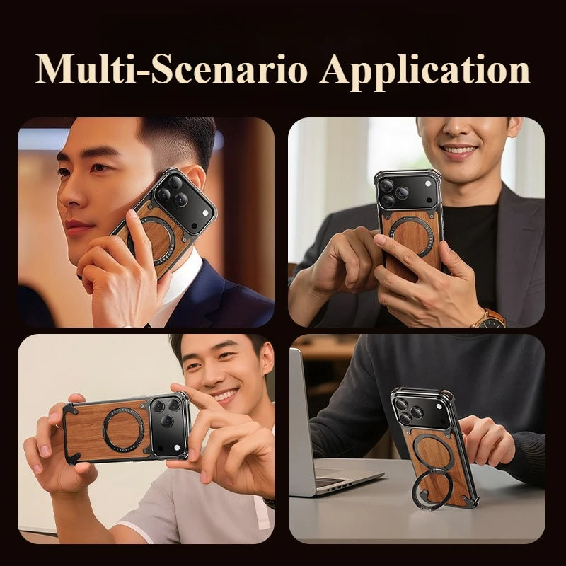 Oatsbasf Solid Wooden Phone Case for iPhone 17 Pro/Pro Max/17 Air with 360° Rotating Ring Stand Magnetic Shockproof Protective