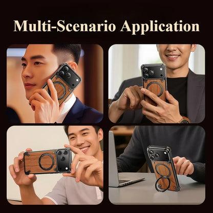 Oatsbasf Solid Wooden Phone Case for iPhone 17 Pro/Pro Max/17 Air with 360° Rotating Ring Stand Magnetic Shockproof Protective