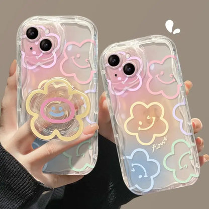 Color Smile Flower Grip Holder Wave Phone Case for Iphone 16 Pro Max 11 12 13 14 15 Pro Max 6 6S 7 8 Plus XR 13 Mini Soft Cover