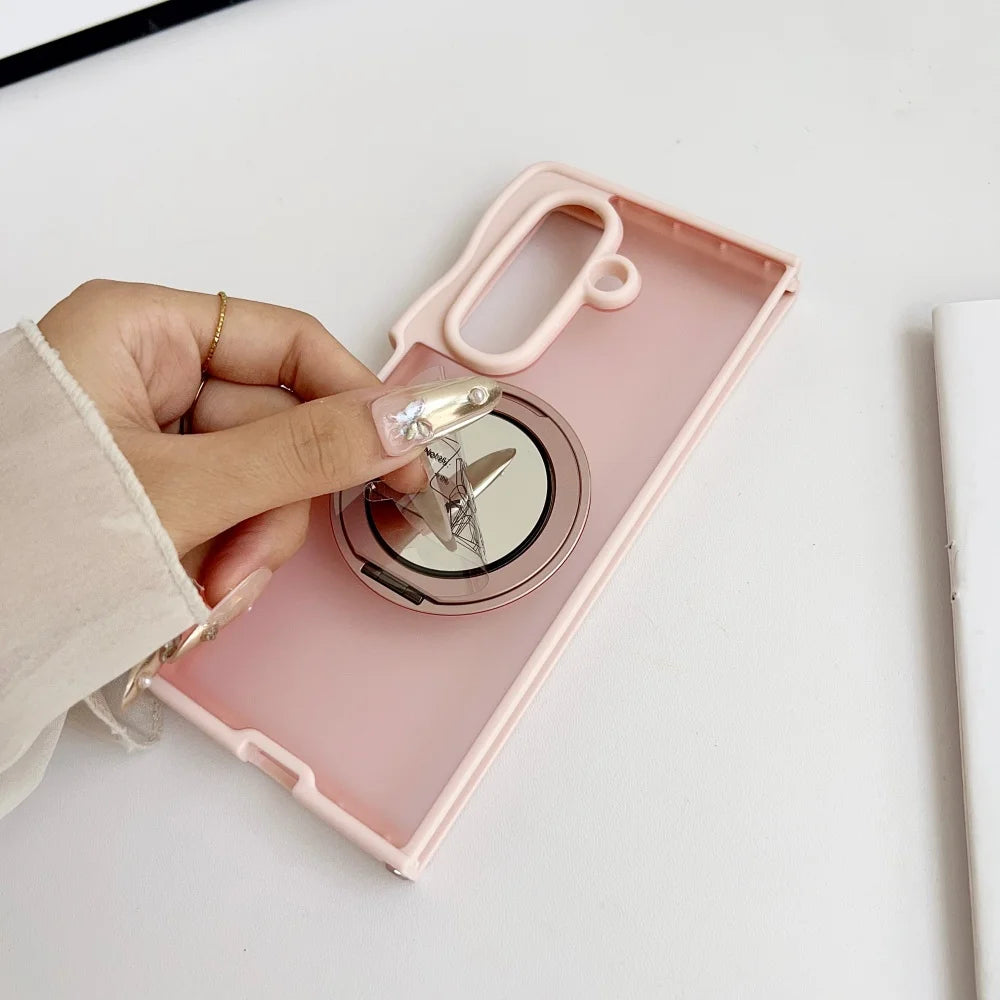 360 Rotating Mirror Stand Bracket Magnetic Case for Samsung Galaxy Z Fold7 Z Fold 6 5 4 3D Wave Border Shockproof Bumper Fundas