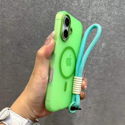 for Magsafe Candy Color Contrast Lanyard Case for iPhone 16 15 Pro Max 14 Plus 11 12 13 16e Hand Wrist Strap Matte Soft Cover