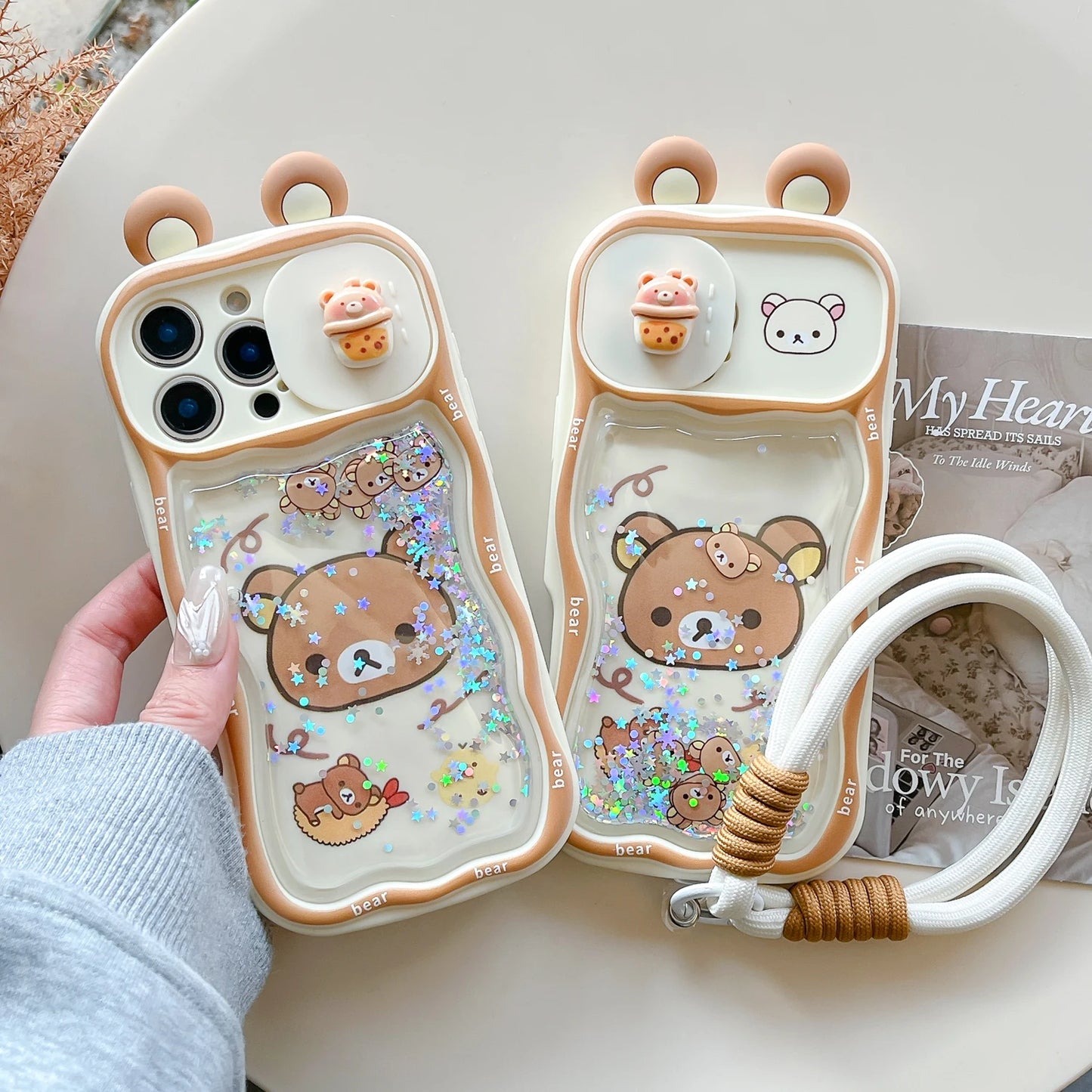 Phone Case For IPhone 17 17Pro 17ProMax 12 13 16 15 14 11 Pro Max Plus Quicksand Ears Rilakkuma Sliding Window Phone Back Cover