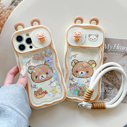 Phone Case For IPhone 17 17Pro 17ProMax 12 13 16 15 14 11 Pro Max Plus Quicksand Ears Rilakkuma Sliding Window Phone Back Cover