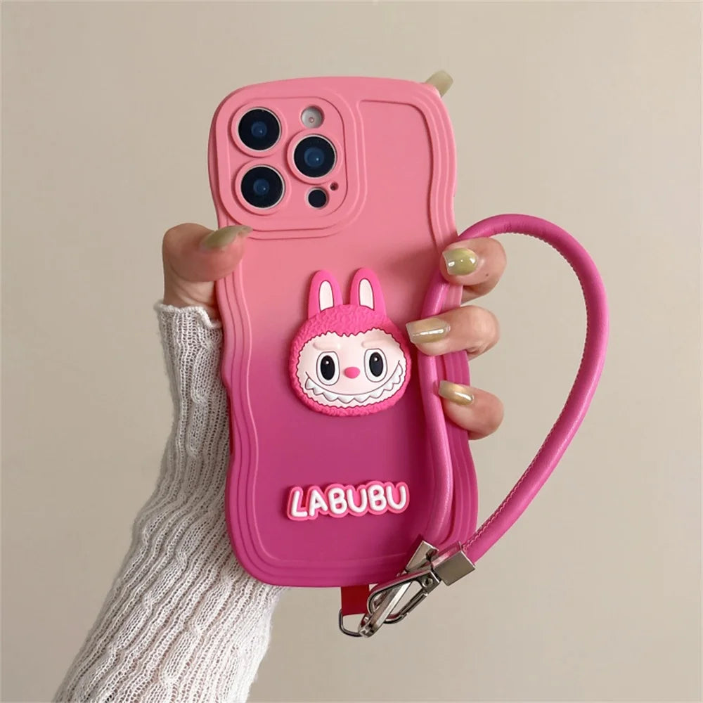 Cartoon Cute Animals Gradient Wavy Soft Phone Case with Wrist Strap For iPhone 16 Pro Max 16e 15 14 Plus 13 12 11 X XR XS 7 8 6