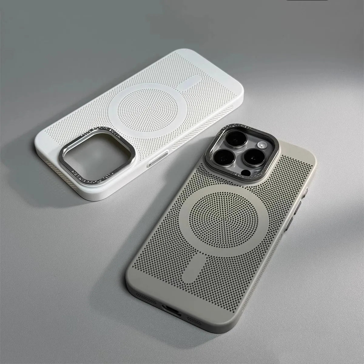Honeycomb Grid Hole MagSafe Case for iPhone 16 15 Pro Max 14 Alloy Lens Summer Heat Dissipation Magnetic Back Cover PC Shell