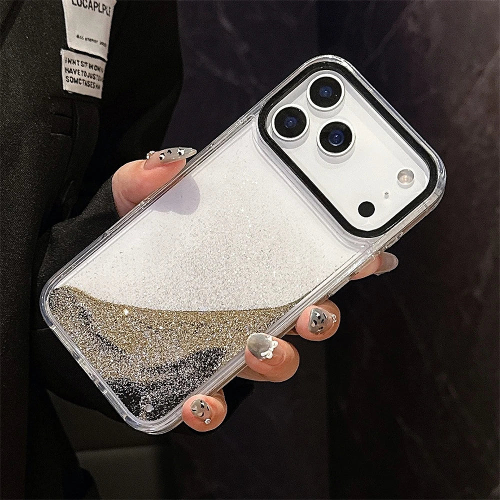 Glitter Quicksand Bling Phone Case for iPhone 17 Air 16 15 14 13 Pro Max Plus Shockproof Camera Bumper Shiny Silver Back Cover