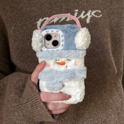 Winter Plush Snowman Christmas Case For iPhone 16 15 14 12 13 Pro Max 11 Plush Warm Cartoon Soft Shockproof Cover for iPhone16