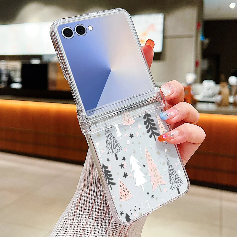 Christmas Tree Bear Clear Phone Case For Samsung Galaxy Z Flip 7 FE 6 5 4 3 5G Folding Hard PC Cover For Samsung Z Flip7 Flip6