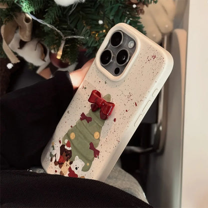 ins Korean 3D Bow Christmas Tree Phone Case For iPhone 16 Pro 15 14 13 12 11 Soft Shockproof Protective Cover For iPhone 15 Pro