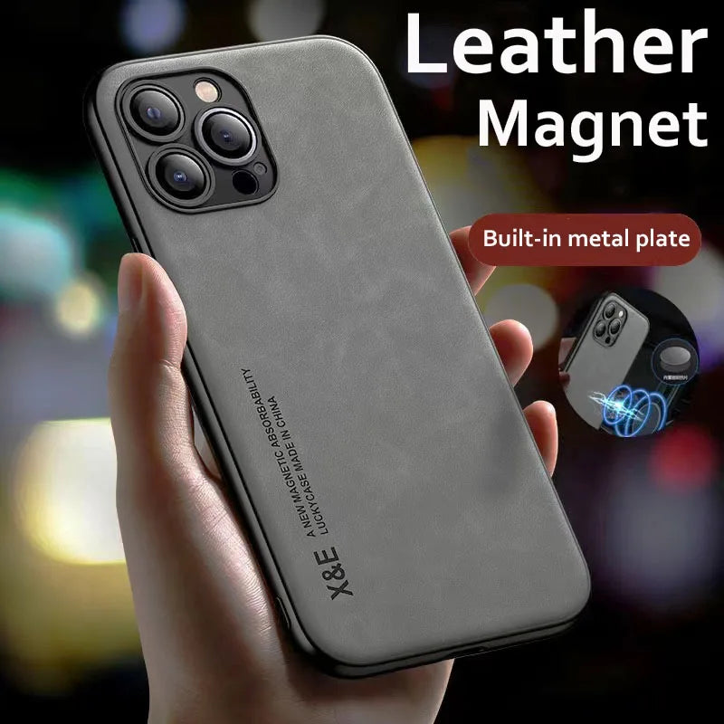 Luxury Magnetic Leather Case for iPhone 15 14 13 12 11 16 17 Pro Max Mini Plus 17Pro iPhone17 Magsafe Cover Support Car Holder