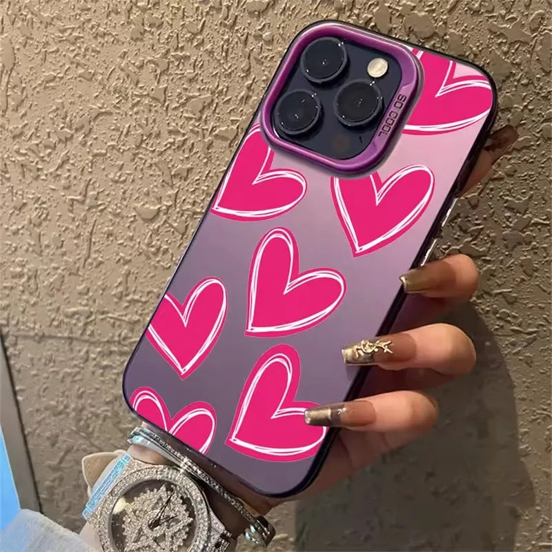 Luxury Love Heart Electroplate Silver IMD Case For iPhone 15 14 16 Pro Max Plus 11 12 13 Pro 7 8 Plus X XR Shockproof Back Cover