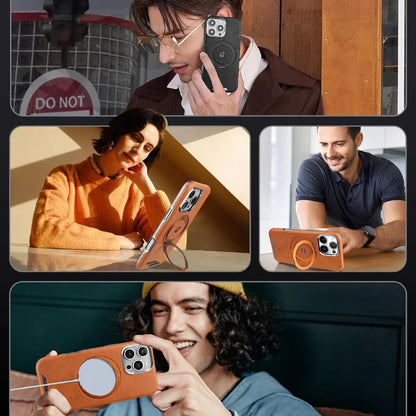 For Magsafe Magnetic 360°Rotating Car Bracket Ring Leather Phone Case For iPhone 16 Pro Max 14 11 12 13 15 Pro Max Bumper Cover