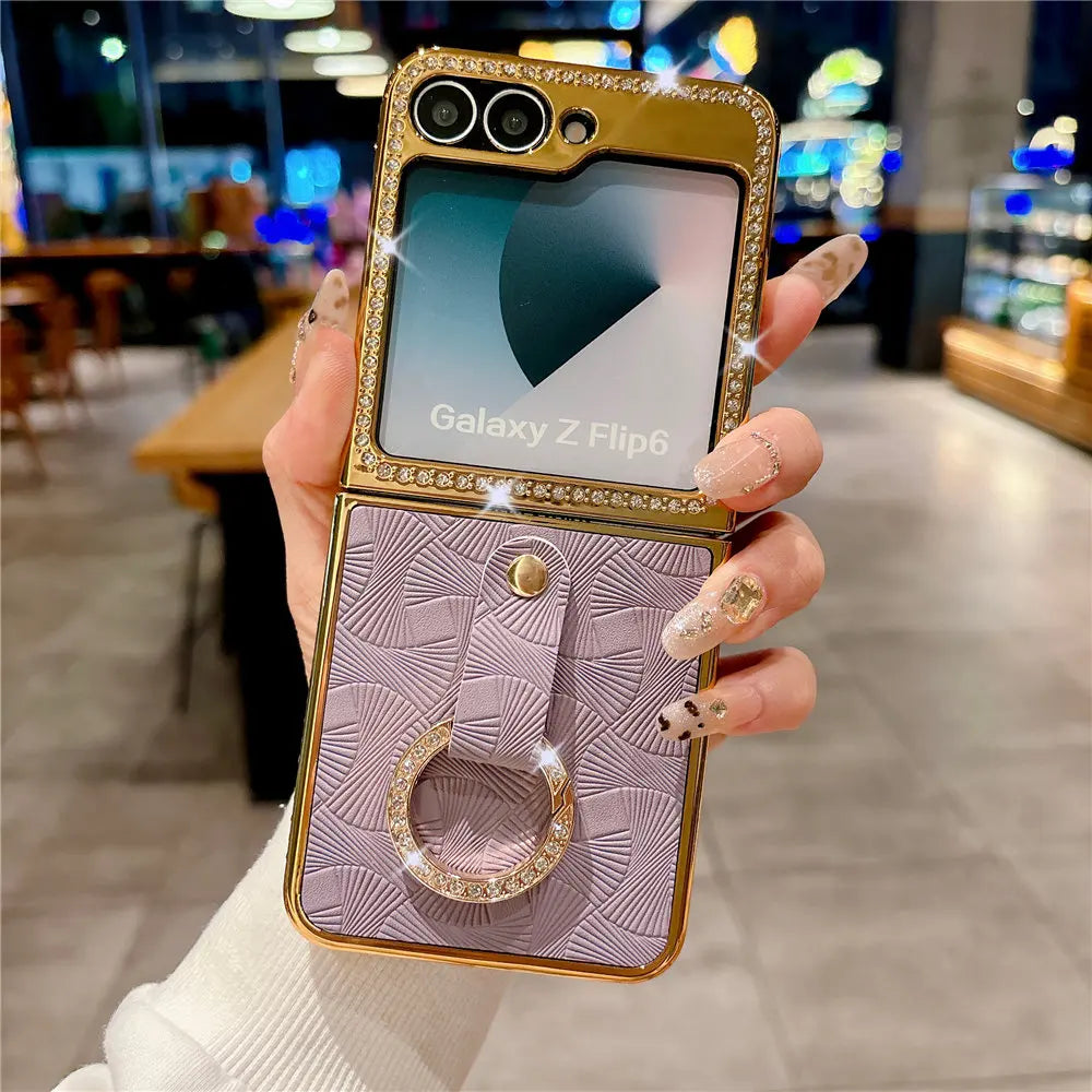 Leather Plating  Ring Phone Case For Samsung Galaxy Z Flip 7 6 Flip 5 Zflip 4 3 Bling Diamond Shockproof Cover Funda