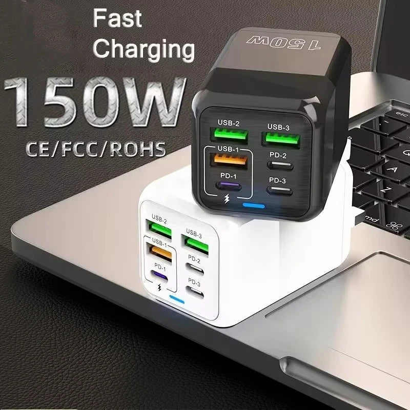New 150W Fast Charger Mobile Phone Wall Adapter 3Type-C+3USB Multi Port Adapter Super Fast Charging for iPhone Samsung Huawei